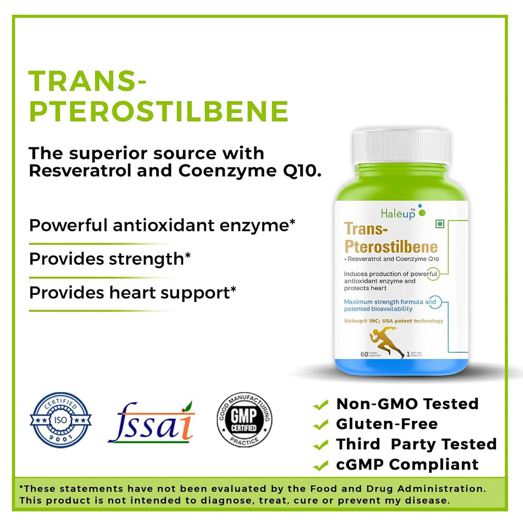 Haleup 99% Pure Trans-Pterostilbene with Resveratrol | Potent Antioxidant | High Bioavailability | Promotes Healthy Ageing | Skin Health (1 pack X 60s count)