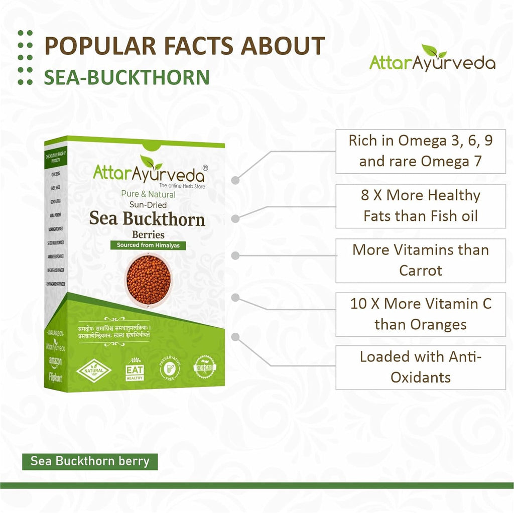 Attar Ayurveda Sea buckthorn berry 100 grams (Sun-dried) | Sourced from Himalyas | Rich in Vitamin C & Antioxidants | Natural Superfood for Immunity & Skin Health | 100% Pure & No Added Sugar