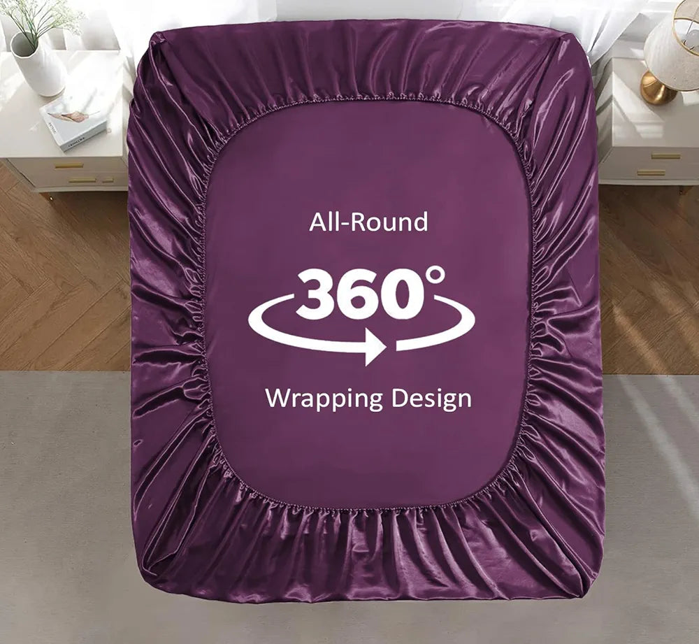Cloth Fusion Satin Elastic Fitted Bedsheets Double Bed Luxury Queen Size with 2 Pillow Covers Wine