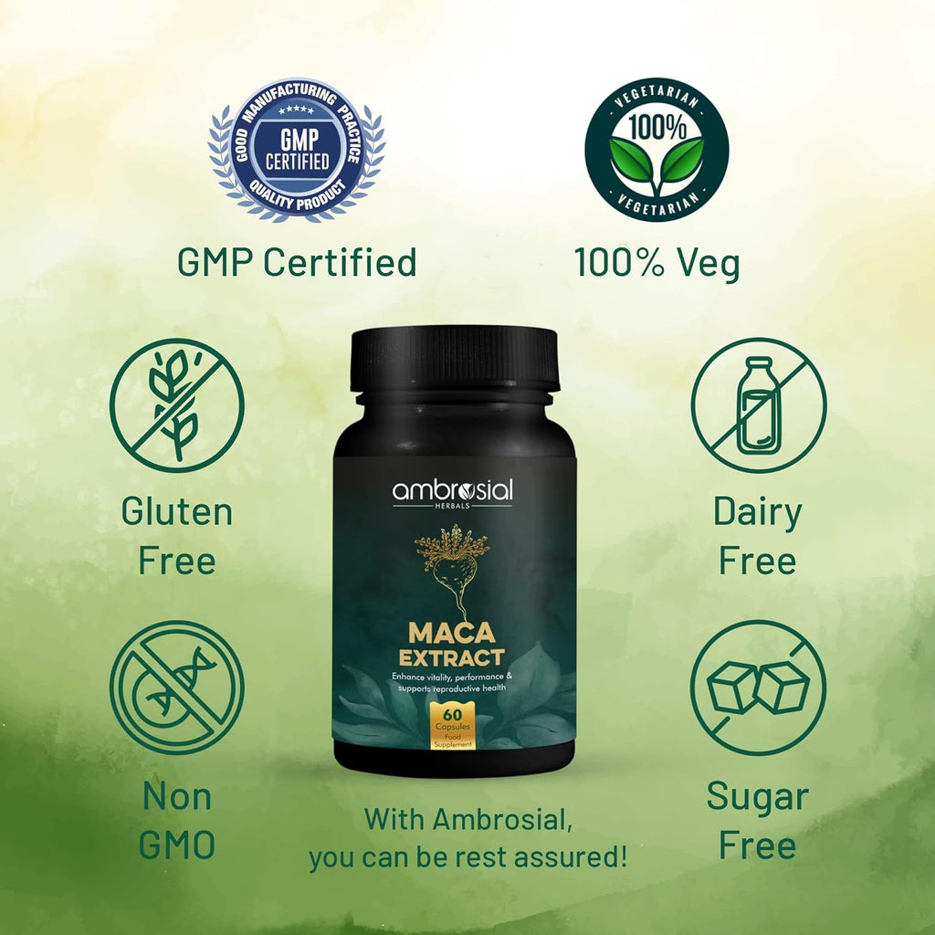 Ambrosial Maca Root Capsules for Men & Women | High Strength 500 mg Maca Root Powder EACH Capsule | Supports Building Stamina & Energy (Pack of 1-60 Capsules)