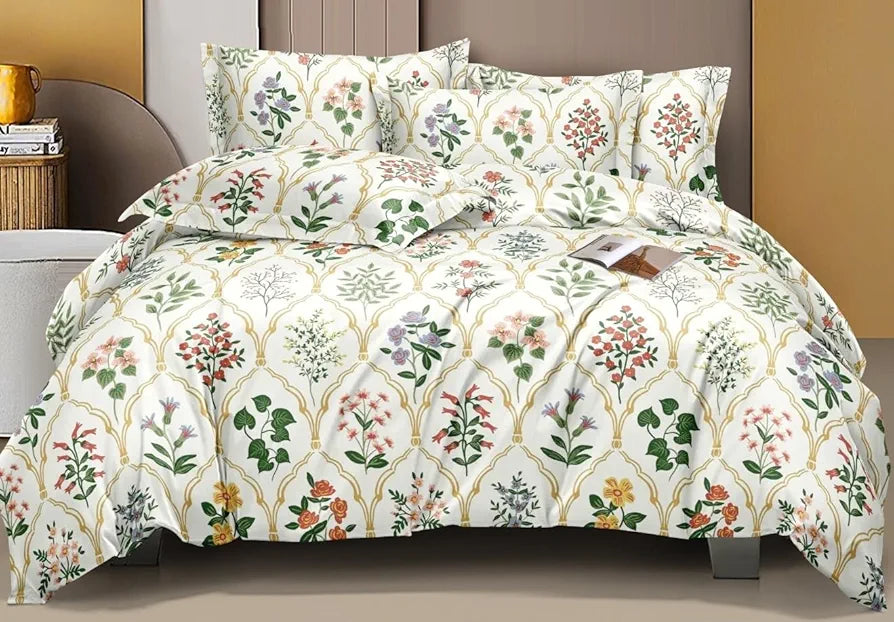The Home Style Cotton Feel Glace Cotton Elastic Single Bed Bedsheet With 1 Pillow Cover 400 TC  White Floral Paradise