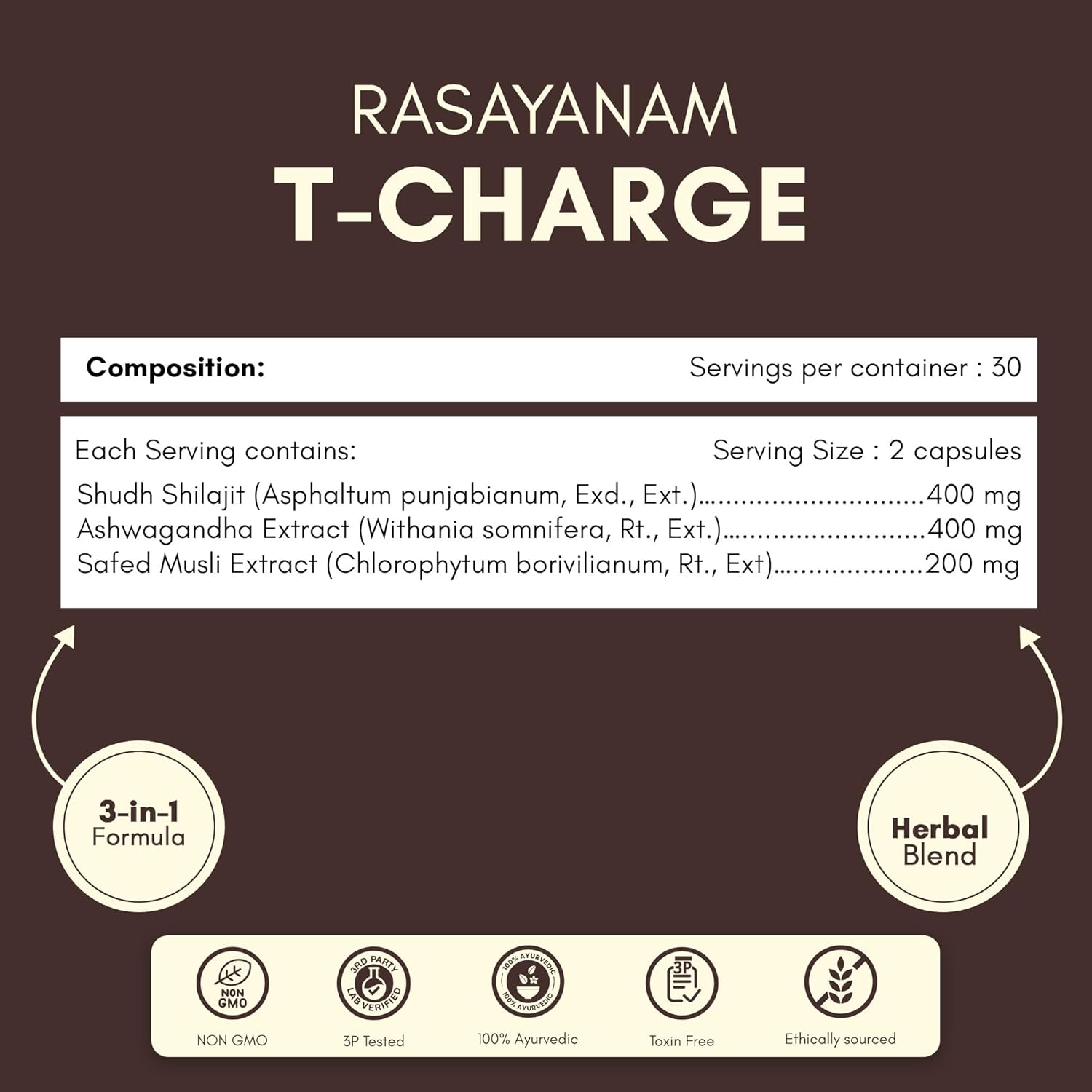 Rasayanam T-Charge Capsules (500mg) | 3-in-1 T - Levels Supplement for Men with Shilajit, Ashwagandha & Safed Musli | Supports Muscle Growth, Energy, Strength, Stamina & Performance - 60 Capsules