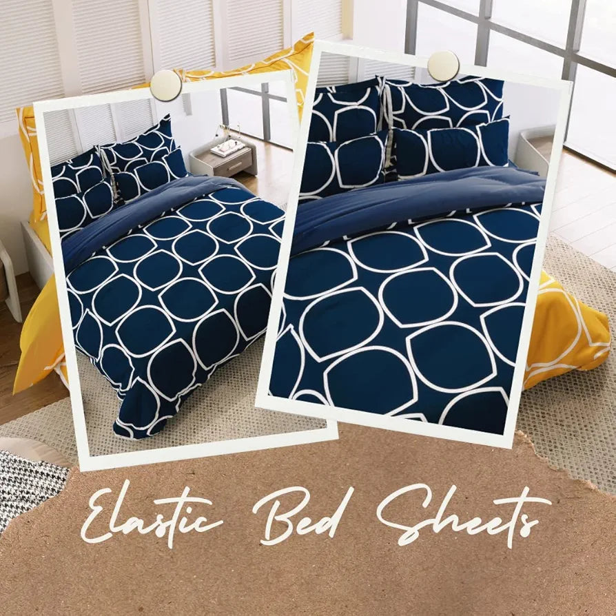 The Home Style 400 TC Supersoft Cotton Feel Glace Cotton Elastic Fitted Printed King Size Double Bed Bedsheet wih 2 Pillow Cover Cadet Blue