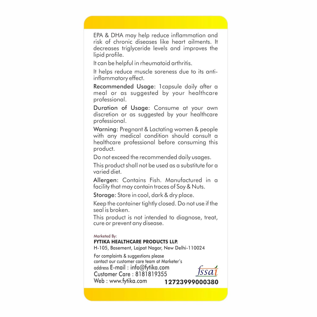 FYTIKA Omega 3 Fish Oil 1000mg 60 Capsules for Heart, Eye, Skin, Brain, Joint & Muscle Support | Omega 3 1000mg Fatty Acid Capsule enriched with EPA 360mg+DHA 240mg & Omega Fatty Acids 400mg