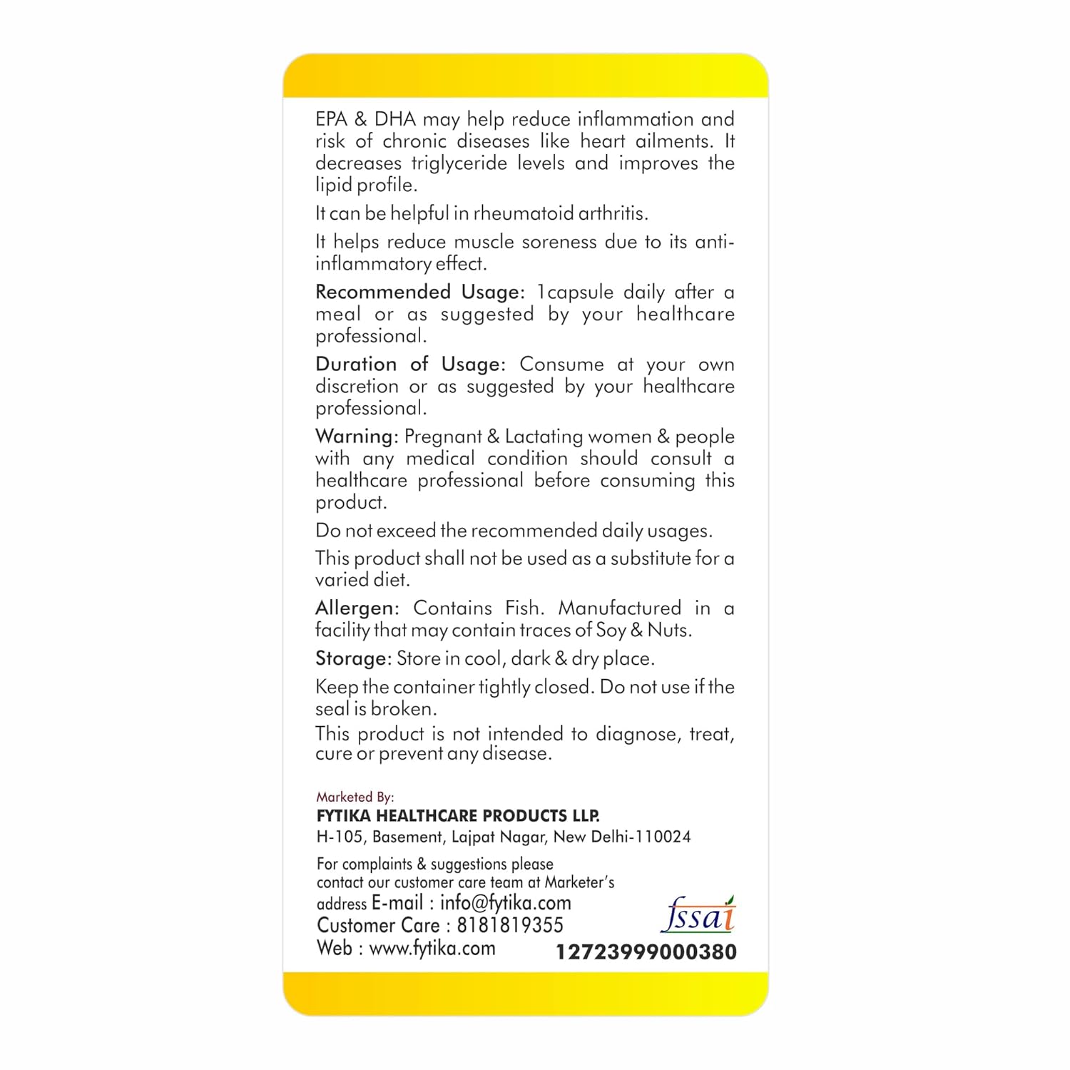 FYTIKA Omega 3 Fish Oil 1000mg 60 Capsules for Heart, Eye, Skin, Brain, Joint & Muscle Support | Omega 3 1000mg Fatty Acid Capsule enriched with EPA 360mg+DHA 240mg & Omega Fatty Acids 400mg
