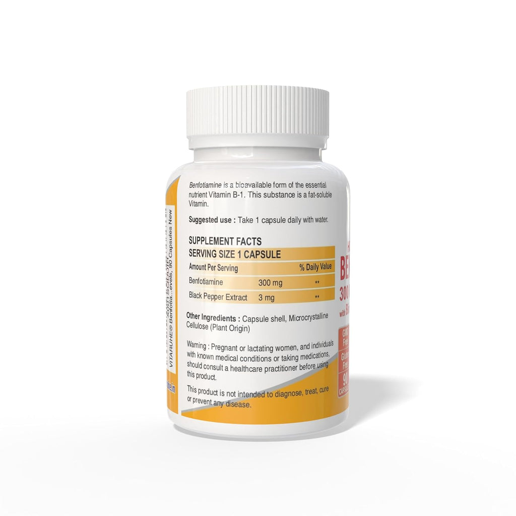 VITARUHE® Benfotiamine 300 Mg With Bioperine, Helps Maintain Blood Sugar Levels Supplement, 90 Capsules