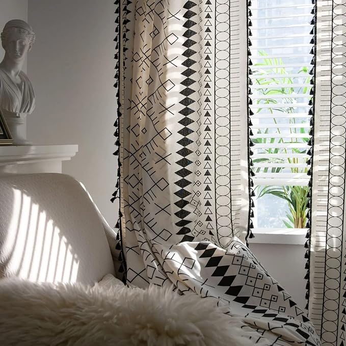 Huesland Cotton Curtains for Windows, 5 Feet Long 1 Bohemian Eyelet Curtain | Boho Tribal White & Black