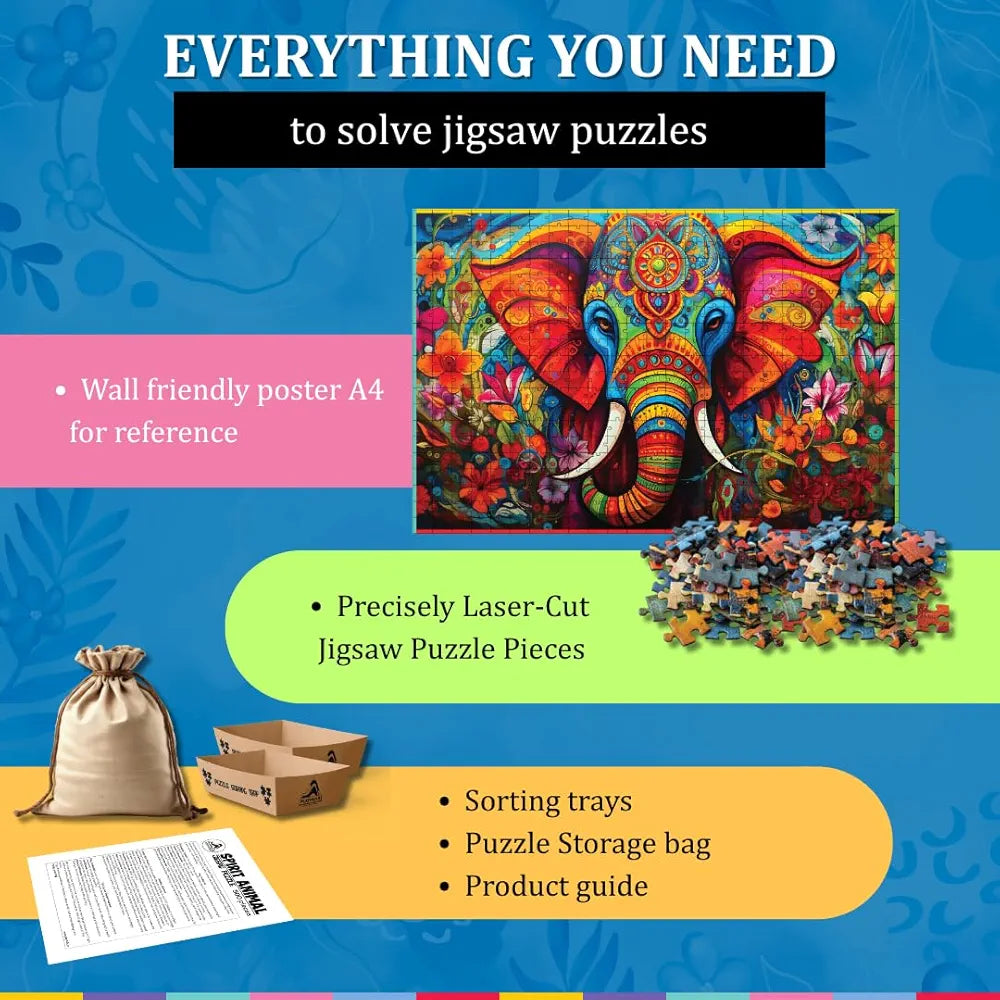 Playhills Wise Elephant Wooden Jigsaw Puzzle 500 Pieces for Adults & Teens  Fun, Durable Jigsaw with Sorting Trays & Poster