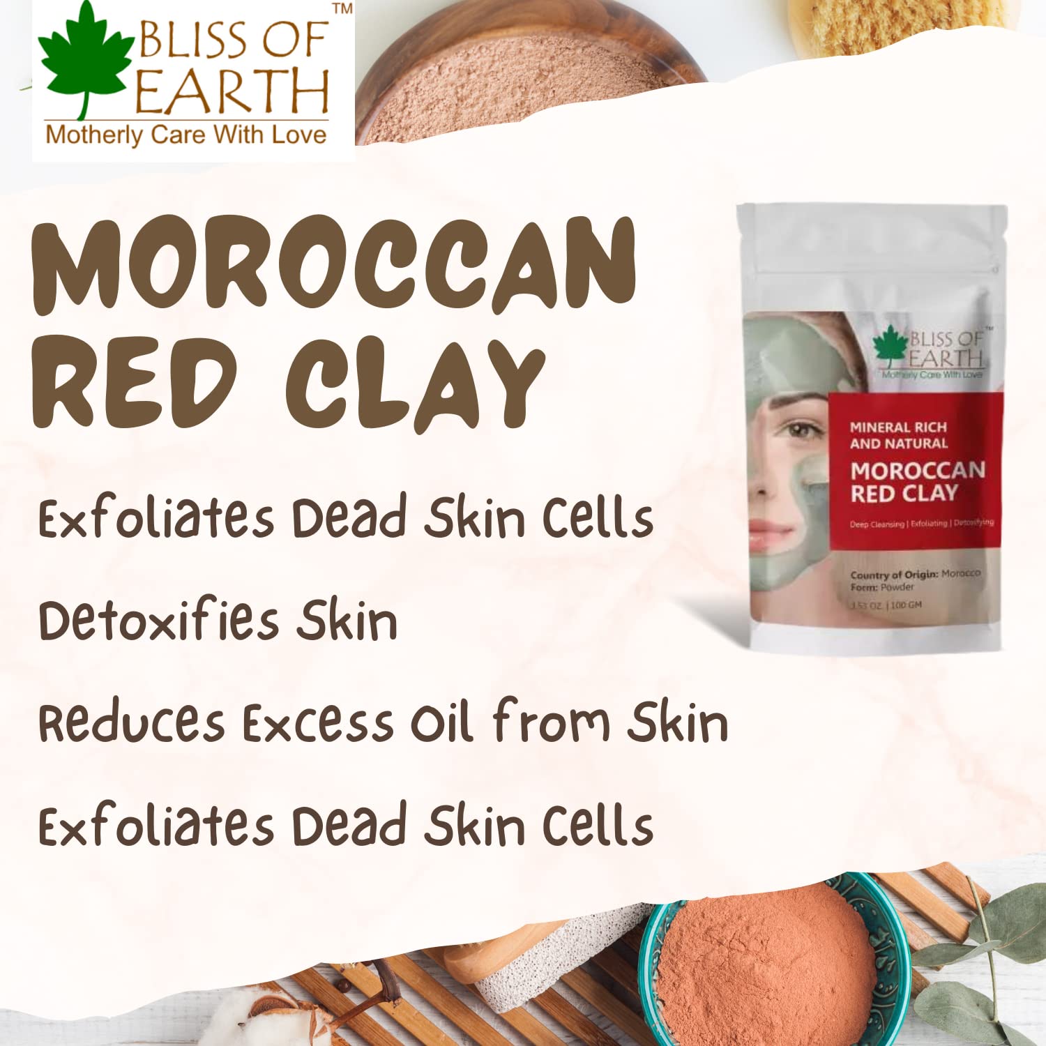 Bliss of Earth Original Moroccan Red Clay Powder | 100GM | Natural Facial Mask & Skin Care Treatment | Anti-Ageing | Heals Dry & Oily Skin | Detoxifying & Rejuvenating |