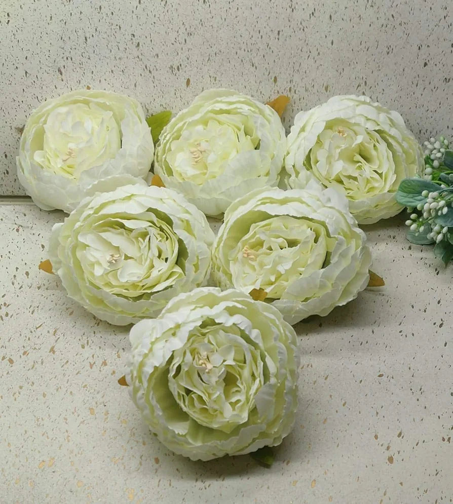 6 Pcs Artificial Fabric Rose Flower Heads Handmade Peony Style Flowers White