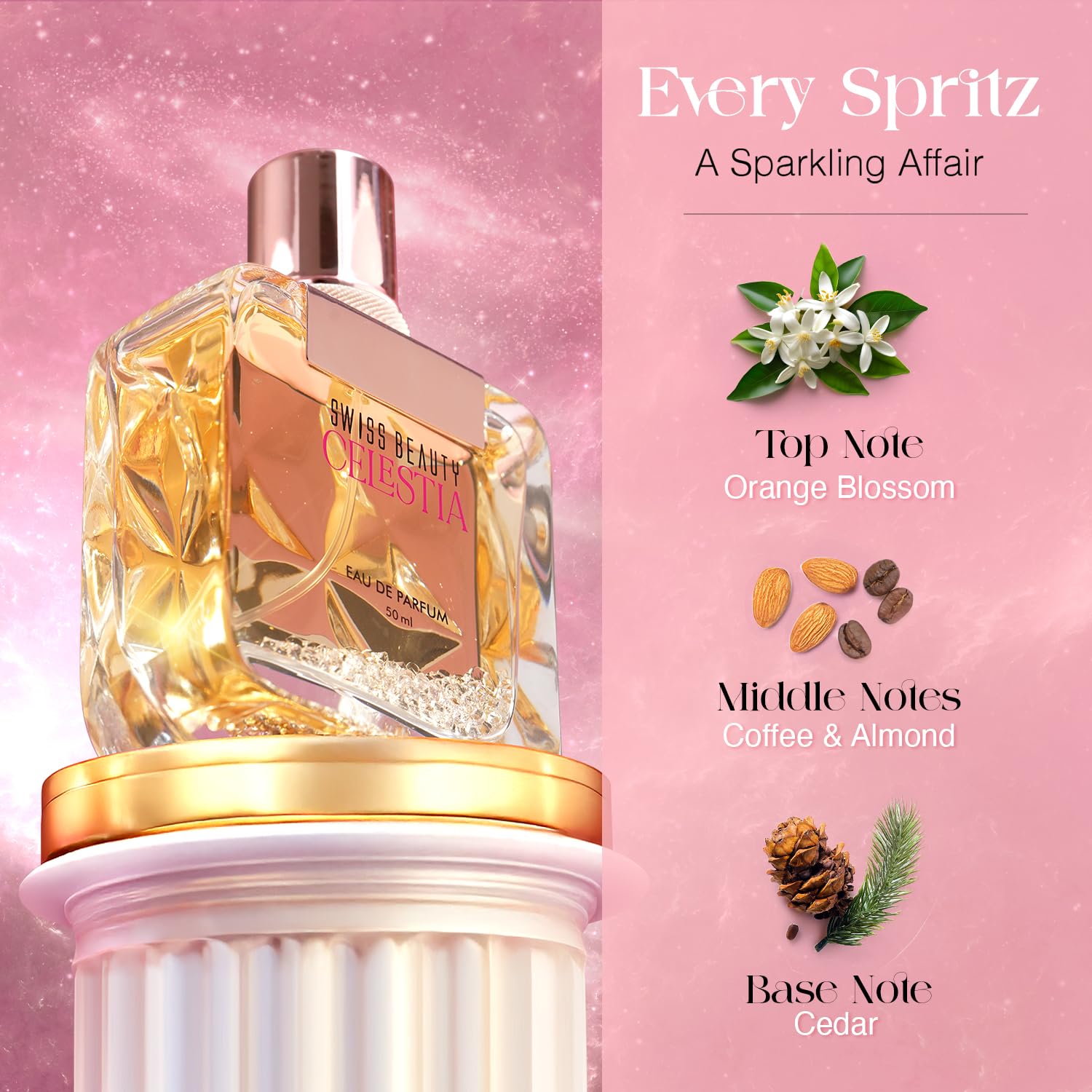 Swiss Beauty Celestia EDP | Long-Lasting Perfume | Ideal For Gifting | Everyday Wear | Top Note: Orange Blossom | Middle Notes: Coffee & Almond | Base Note: Cedar | 50ml