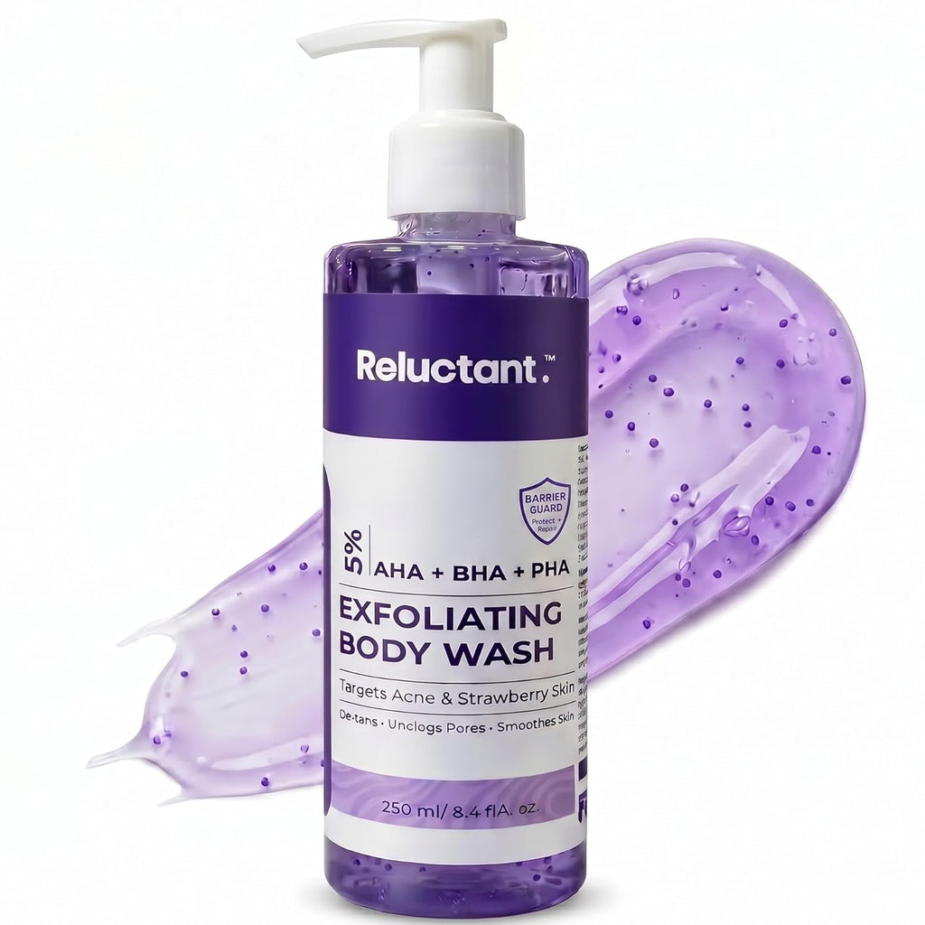 RELUCTANT 5% Dual PHA, Salicylic & Lactic Acid Barrier-Repair Detan Body Wash 250ml | Niacinamide & Gentle SCI | Hydrates, Clears Acne & Strawberry Legs, Reduces Dark Spots | Shower Gel for Women & Men | Sensitive & Normal Skin