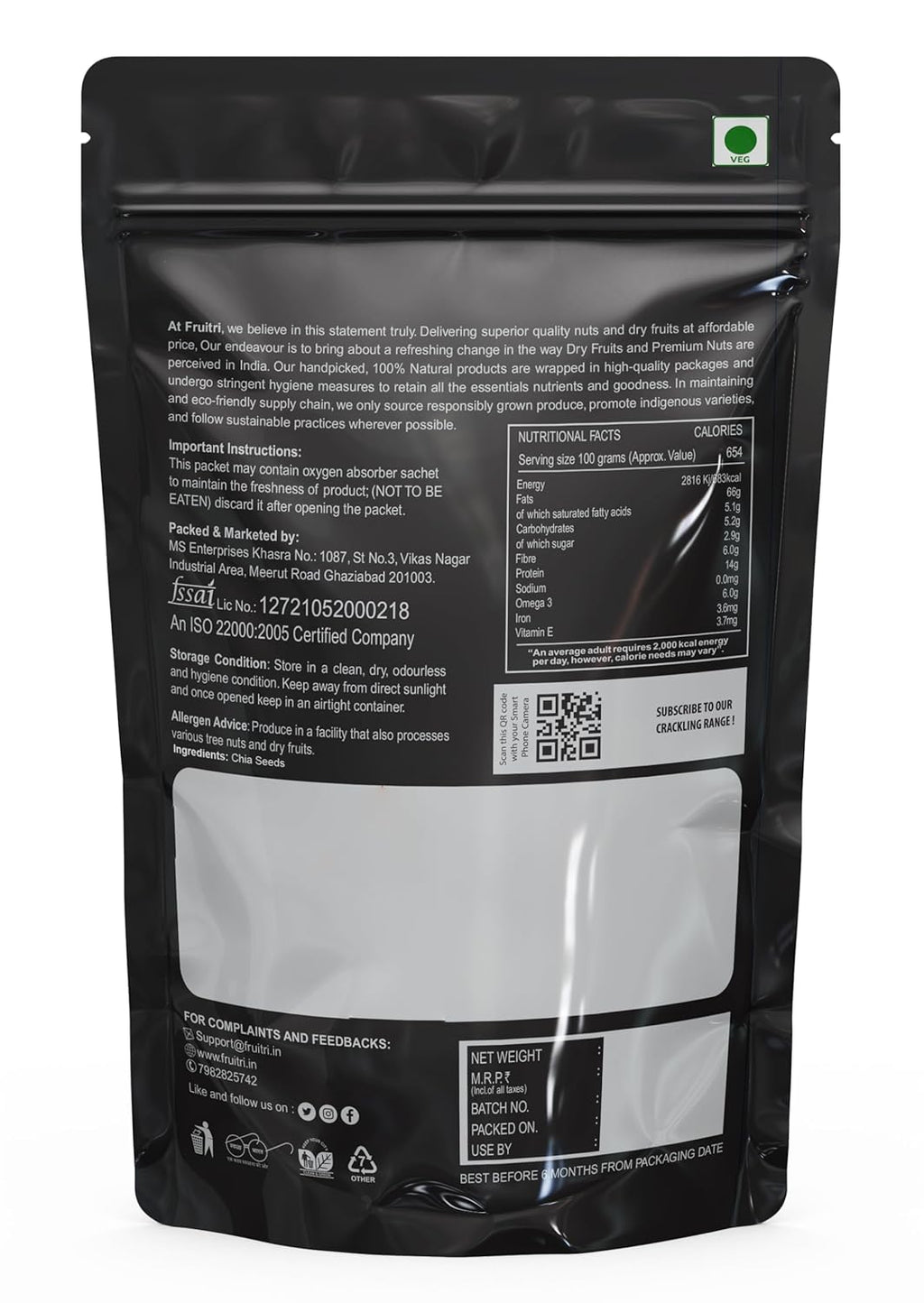 Fruitri Premium Chia Seeds for Eating, fiber rich, Raw chia seeds, Healthy Snacks