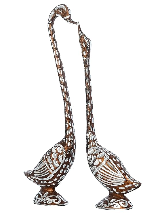 Ecraftindia Brown Metal Handcrafted Kissing Swan Couple Statues Love Birds Figurines Decorative Showpieces