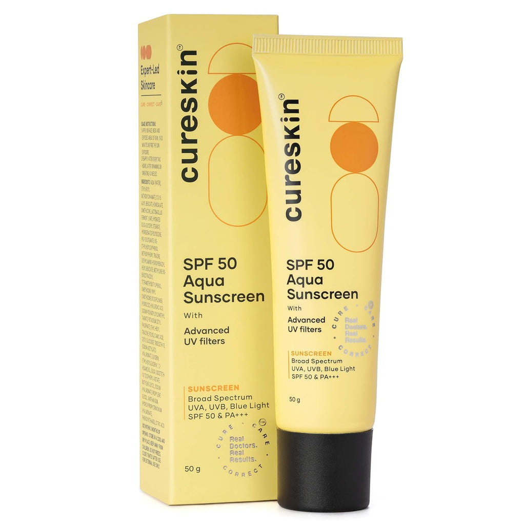 Cureskin SPF 50 Aqua Sunscreen with Advanced UV Filters | Broad Spectrum Sun, UVA, UVB, Blue Light Protection, SPF 50 & PA+++, 50 g (Pack of 1)