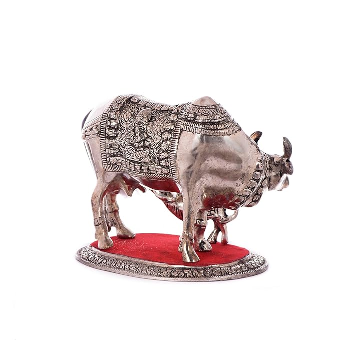Ecraftindia White Metal Decorative Cow With Calf Statue