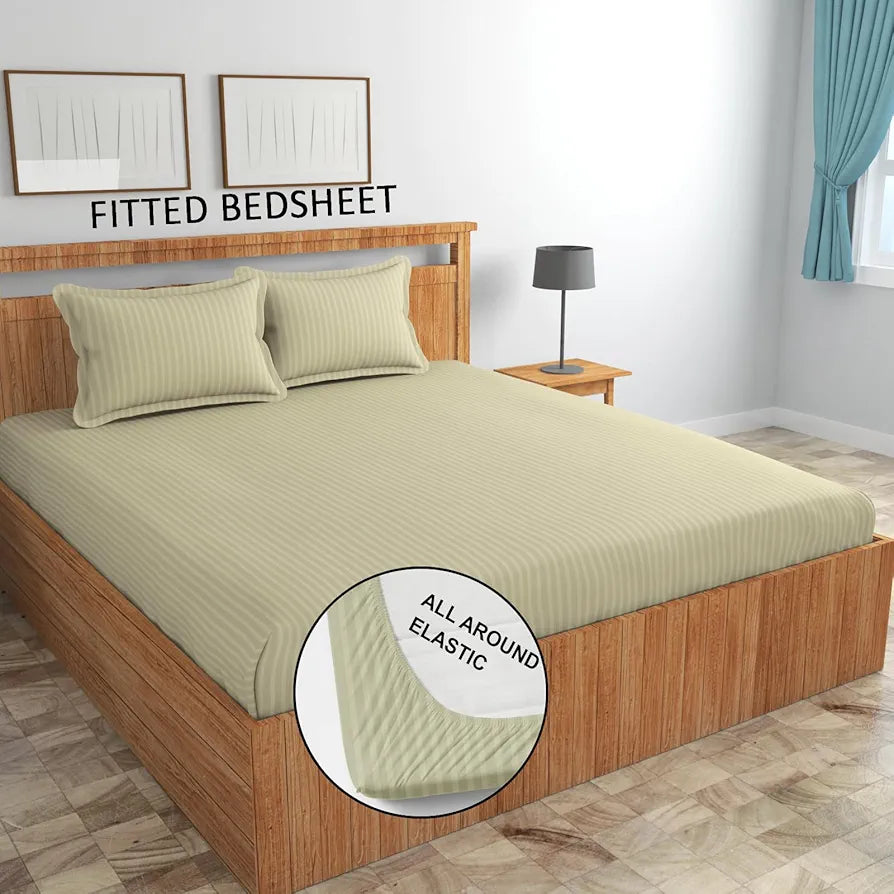 Homefab India 160 TC Stripe Cotton Feel Glace Cotton Elastic Fitted King Size Double Bed Bedsheet with 2 Pillow Covers Fits Upto 6 inches Mattress Ecru
