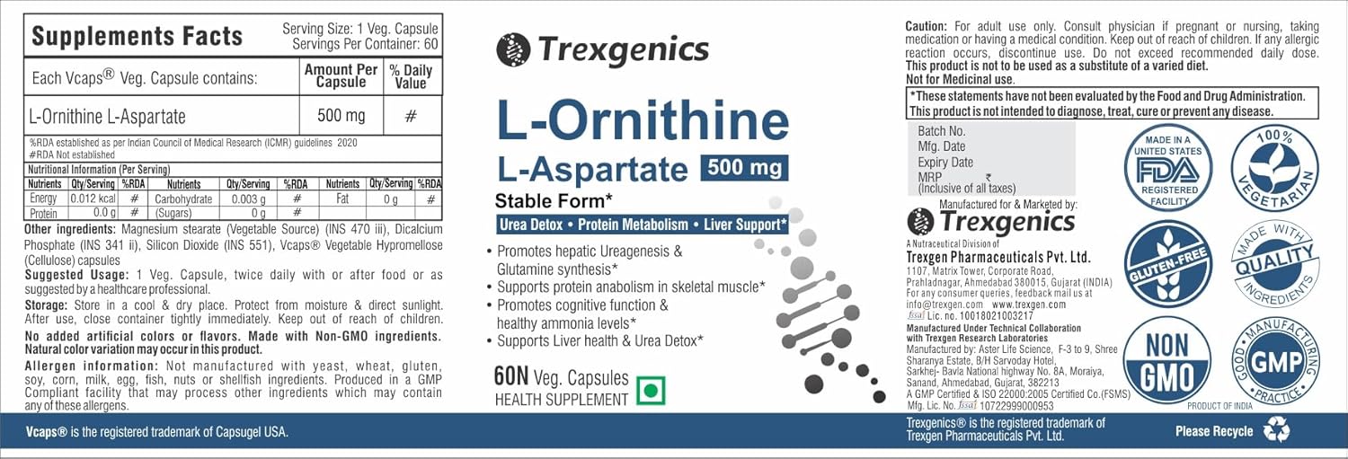 Trexgenics L-ORNITHINE Stable form as L-Aspartate 500mg Urea Detox, Protein Metabolism, Liver Support (60 Vcaps) (2)