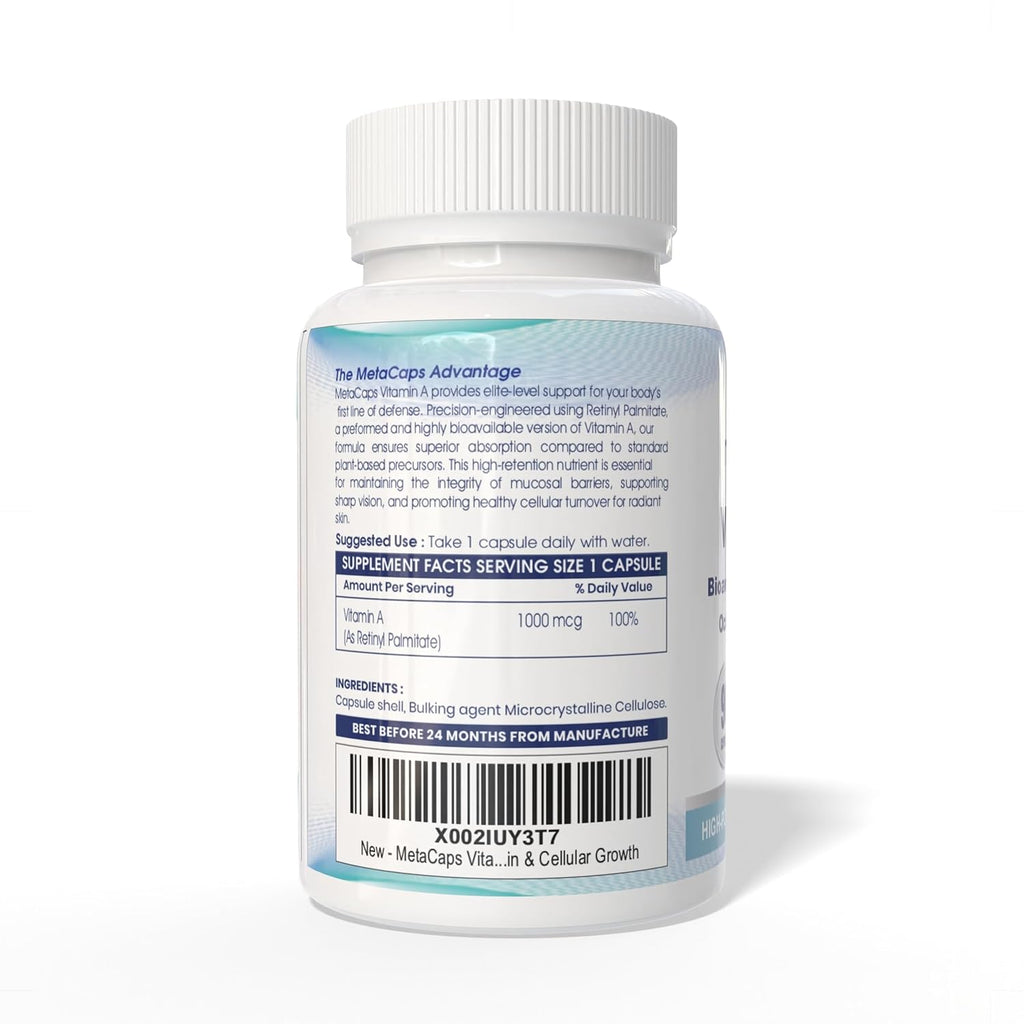 MetaCaps Vitamin A – 90 Veg Capsules | High-Potency Retinyl Palmitate for Immune Resilience & Vision Health | Supports Clear Skin & Cellular Growth
