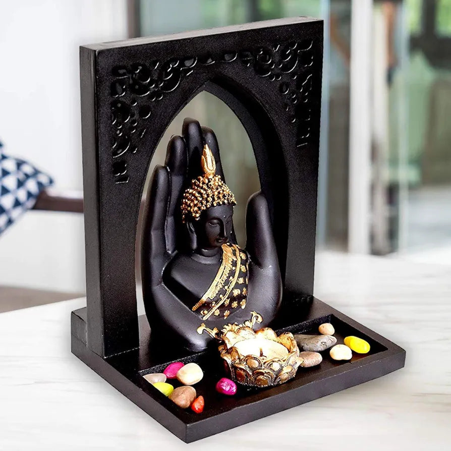 Mariner's Creation Buddha Face Idol With Royal Tray and T Light Holder Gold & Black