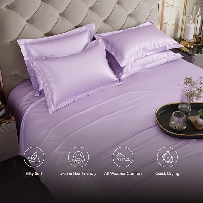 Stoa Paris Satin Bedsheets for Super King Size Bed 300TC Premium Bedsheet with 4 Pillow Cover Colour Lilac