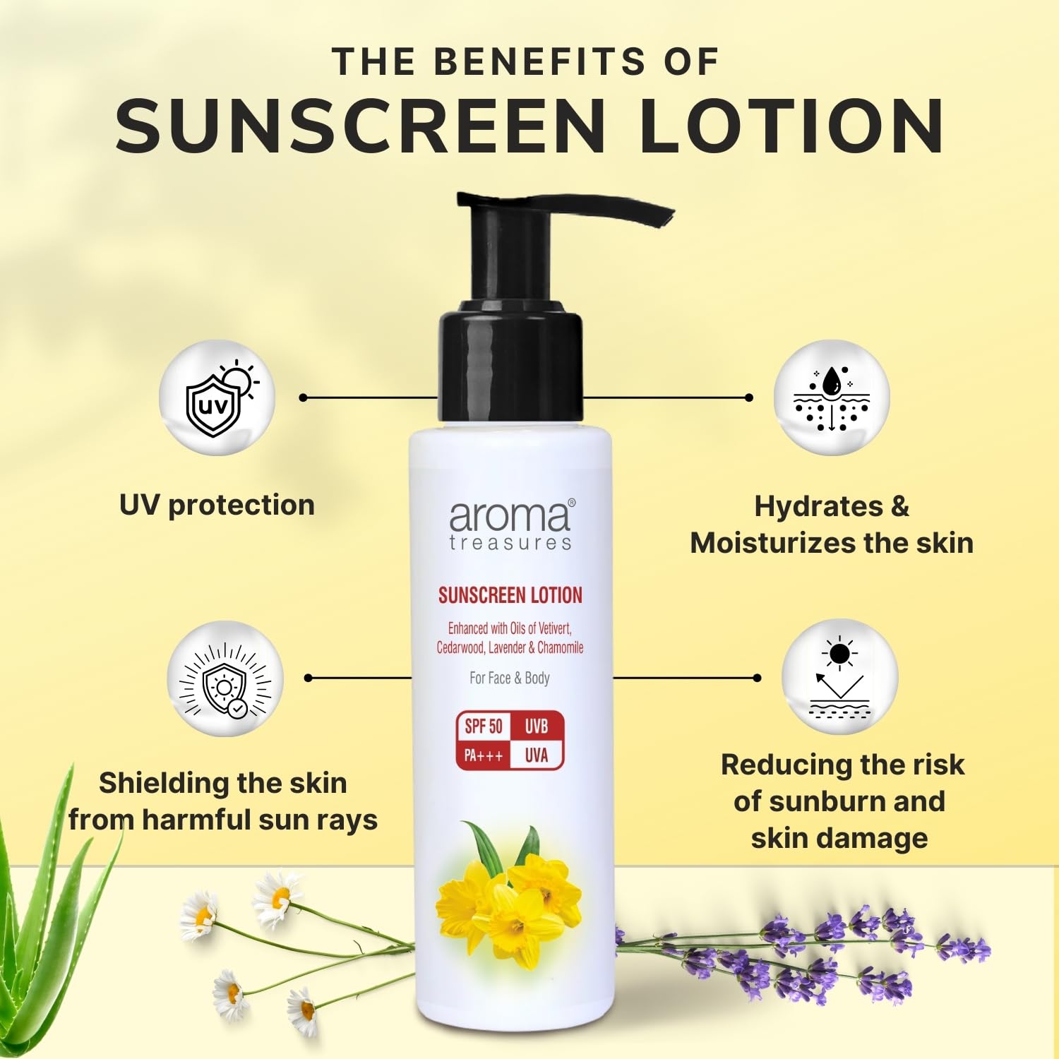 Aroma Treasures SPF 50 Sunscreen Lotion 100g | Broad Spectrum UVA/UVB Protection | Water Resistant | Non-Greasy, No White Cast | Face & Body | All Skin Types
