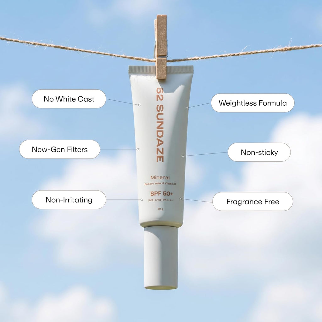 52 Sundaze 100% Mineral Sunscreen SPF 50 PA++++ | For Senitive Skin | No White Cast | In-Vivo Tested | Blue Light & Pollution Protection | No White Cast | Zinc Oxide & Iron Oxide | Fragrance Free | 50g