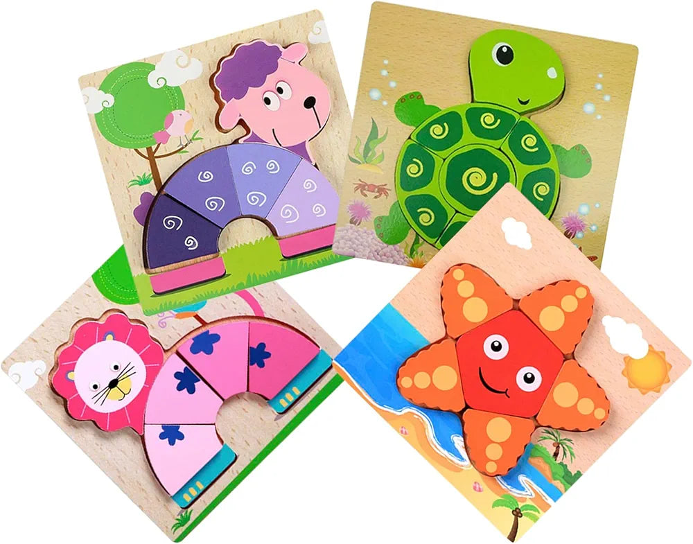Wishkey Set of Jigsaw Wooden Animal Vehicle Puzzle Early Age Matching Game Learning Educational Preschool Toy