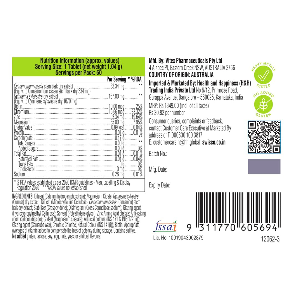 Swisse Metabolism+ With Chromium For Weight Management - Supports Digestion, Detox and Healthy Blood Sugar Levels - 60 Tablets