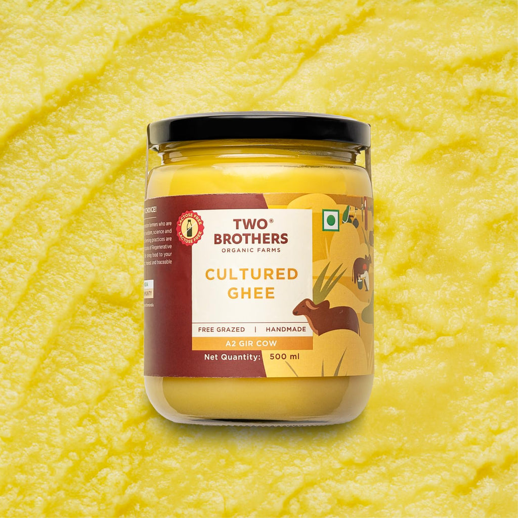 Two Brothers Organic Farms A2 Ghee |Free-grazed, Grass-fed Desi Gir Cows | Traditional Bilona Method | Pure, Natural and Healthy Ghee | Farm-Made A2 Cow Ghee with Probiotics for Gut Health