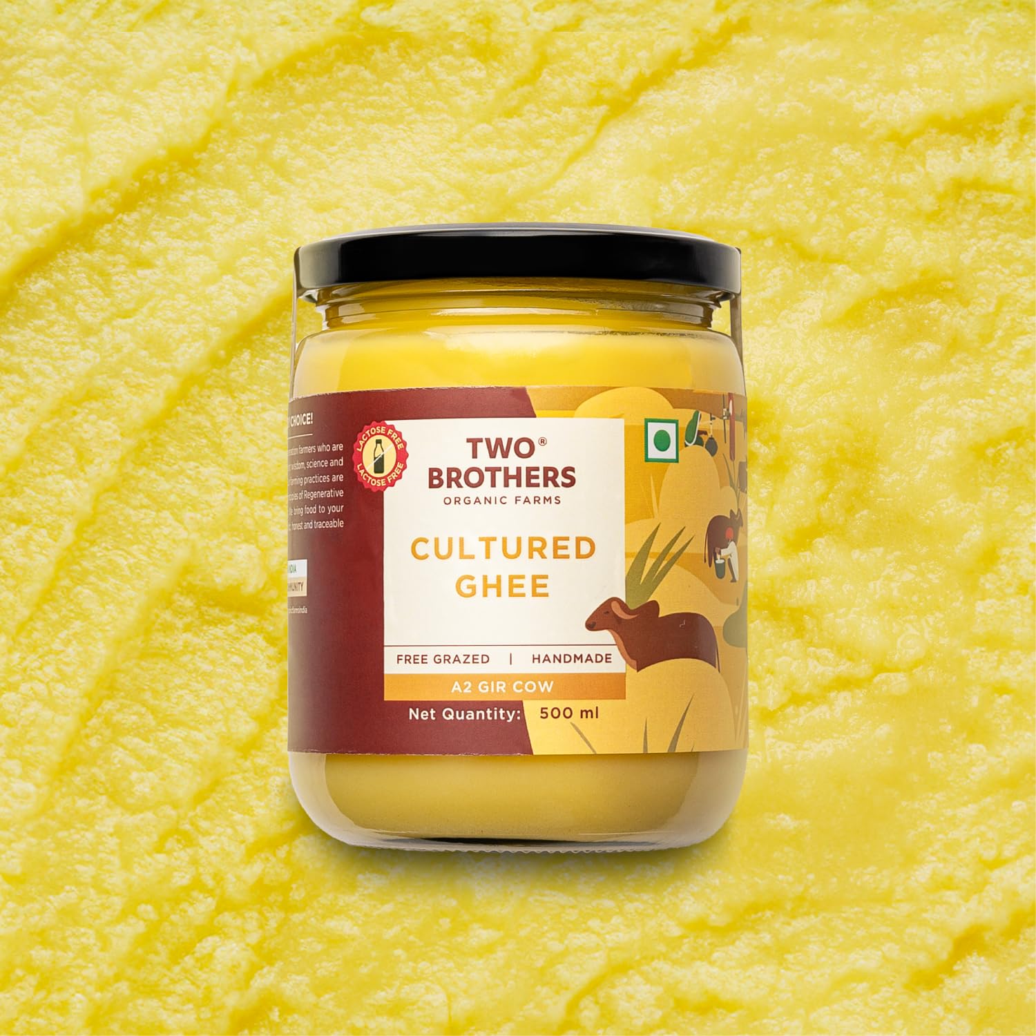 Two Brothers Organic Farms A2 Ghee |Free-grazed, Grass-fed Desi Gir Cows | Traditional Bilona Method | Pure, Natural and Healthy Ghee | Farm-Made A2 Cow Ghee with Probiotics for Gut Health