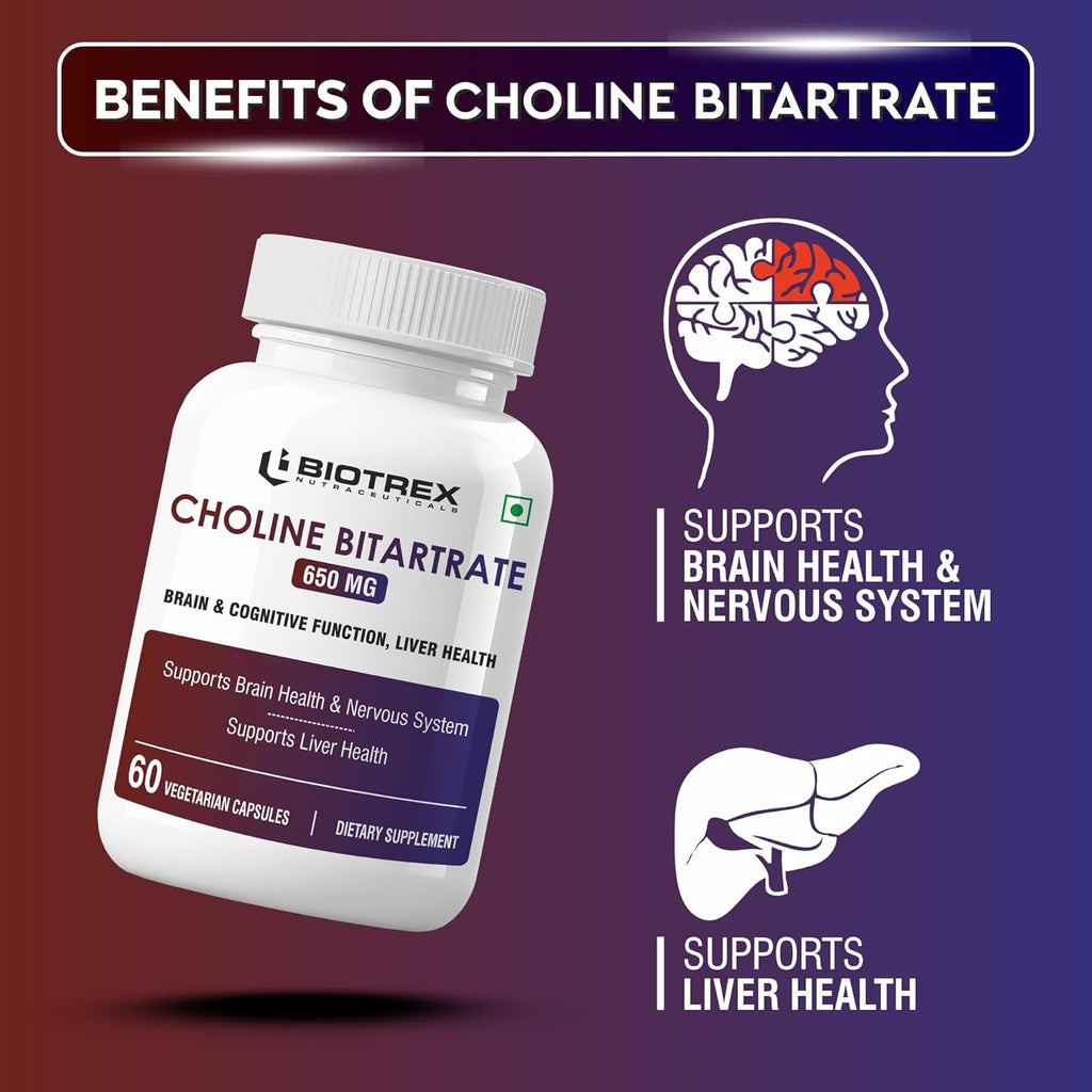 Biotrex Nutraceuticals Choline Bitartrate 650mg Supplement | High Purity Grade | Healthy Brain, Liver, Heart, Nervous System & Cognitive Function - 60 Veg Capsules