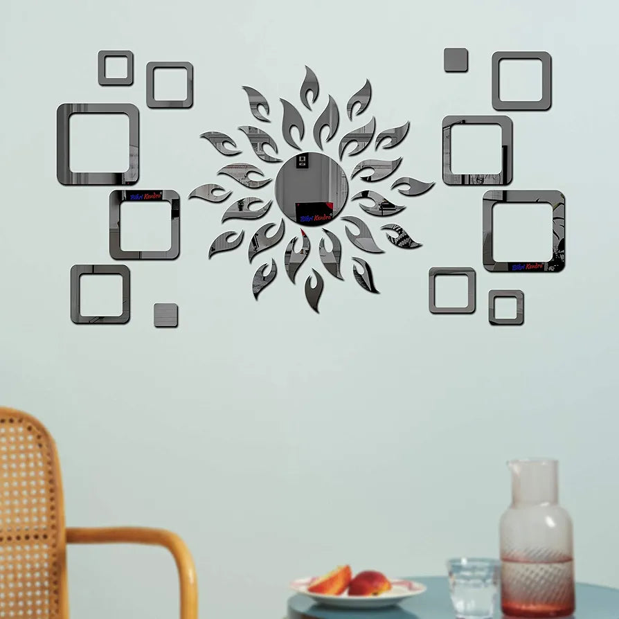 Bikri Kendra Art BK76, Sun with Square 2 Set - 3D Acrylic Wall Mount Mirror Stickers Black