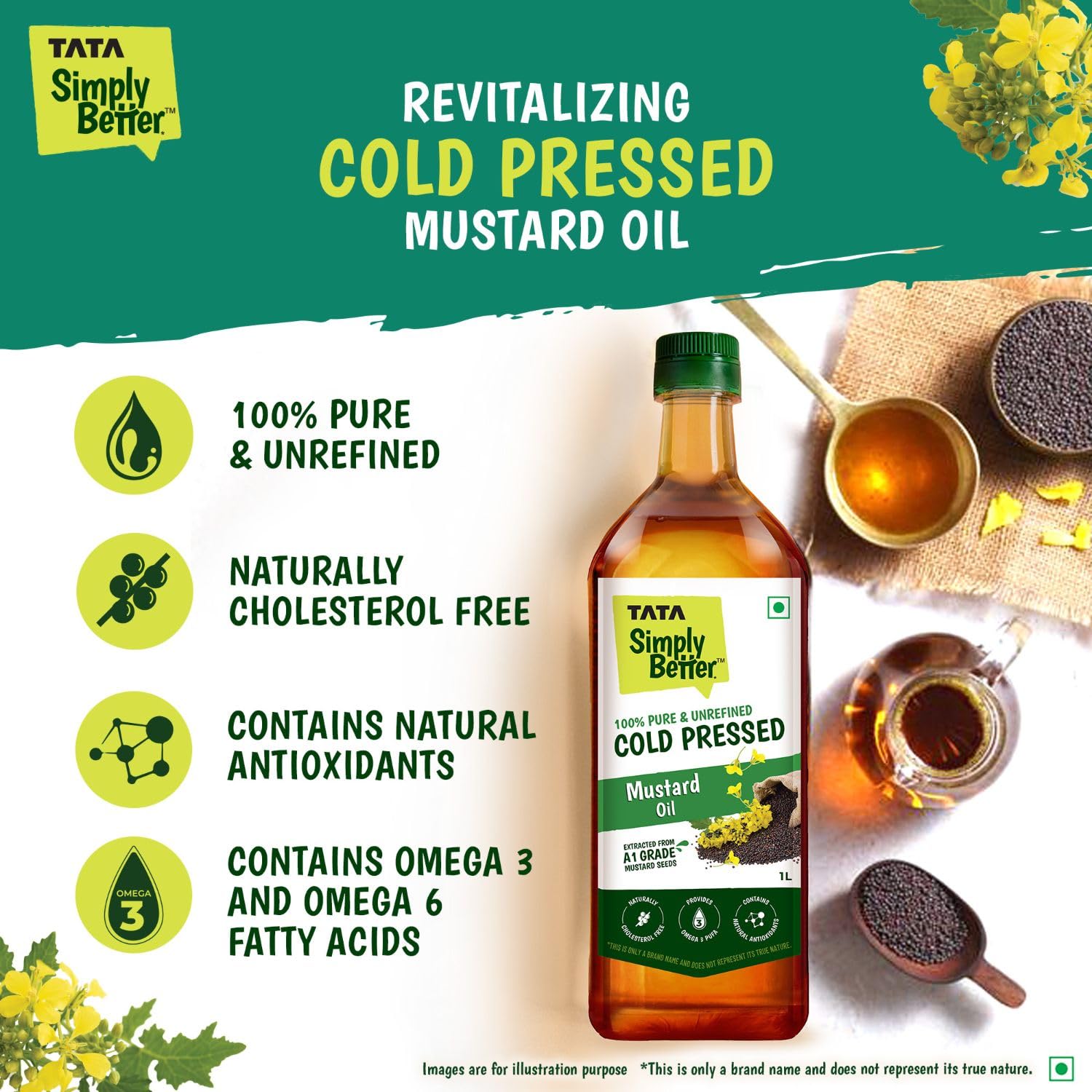 Tata Simply Better Pure & Unrefined Cold Pressed Mustard Oil,Naturally Cholesterol Free, 1L, Rich Aroma & Flavour of Real Mustard Seeds, A1 Grade Mustard Seeds