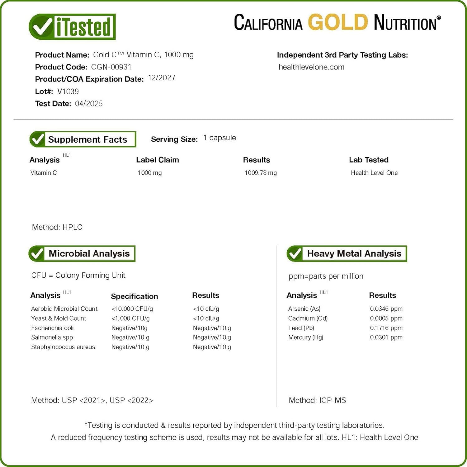 California Gold Nutrition C, Vitamin C, 1000 mg Veggie Capsules, 60 Count