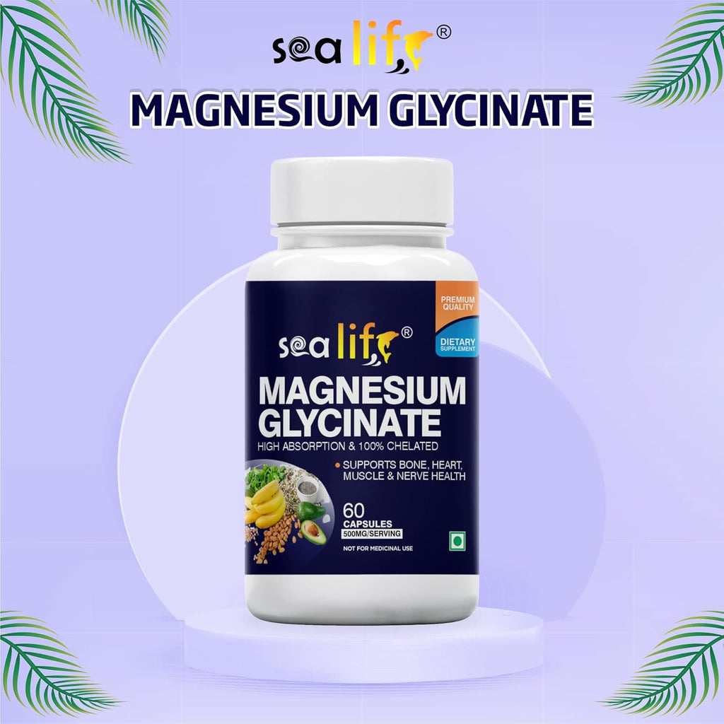 Sea Life Magnesium Glycinate 500 Mg Capsules |60 Veg Capsules | Magnesium Supplement | Improves Muscle & Nerve Function| Anti Stress Supplement | Better Sleep Quality | (Pack of-1)