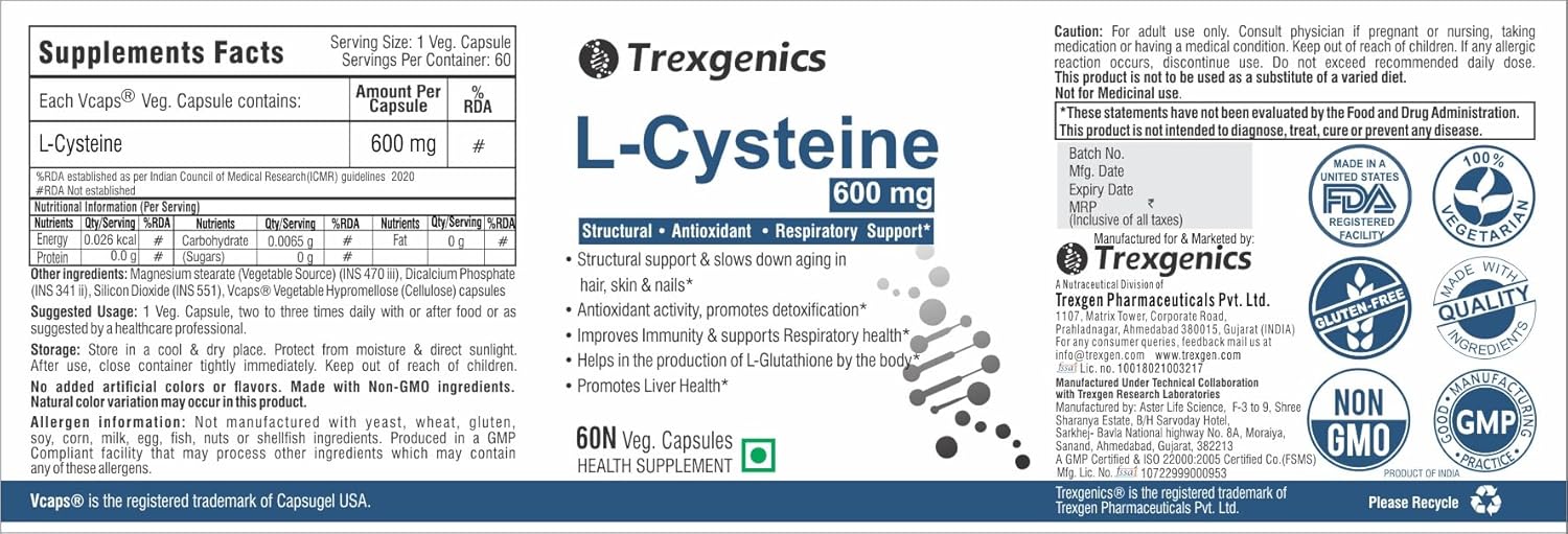 TrexgenicsÂ® L-CYSTEINE 600mg Amino acid for Structural Support, Antioxidant, Respiratory, Skin, Hair & Nails (60 Vcaps) (1)