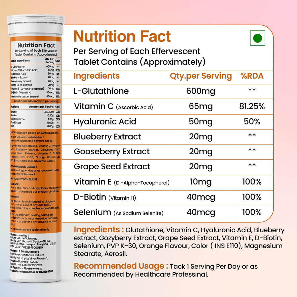 Herbal Max Glutathione Effervescent Tablets â€“ 15N Packed with Vitamin C, Hyaluronic Acid & Biotin to Support Healthy Hair, Skin & Nails for a Natural Glow & Boost Hydration (Pack of 1, Orange)