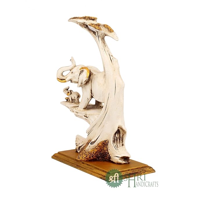 Indicast 10" Inch Resin Elephant Statue With Tree and Baby Animal Figurines Handcrafted Decorative Showpiece | White
