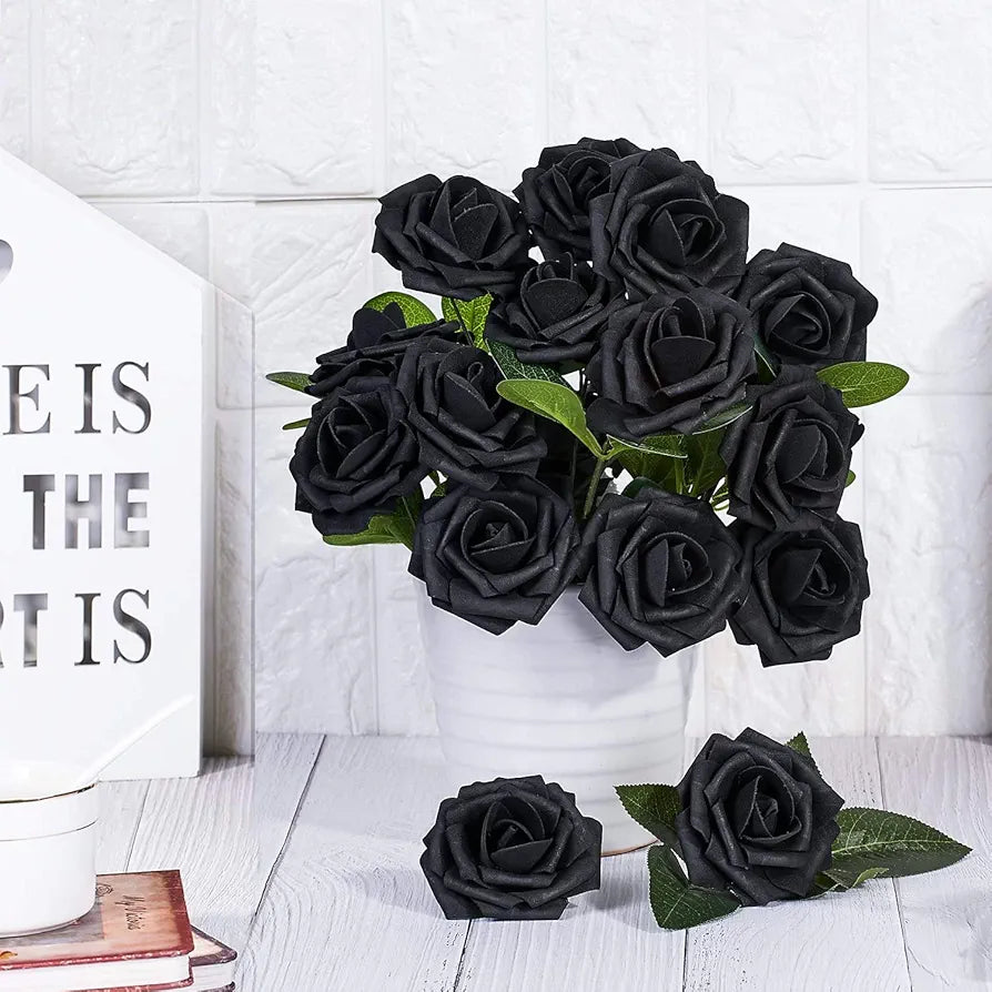 Artificial Flowers 25pcs Real Looking Black Foam Fake Roses with Stems Black