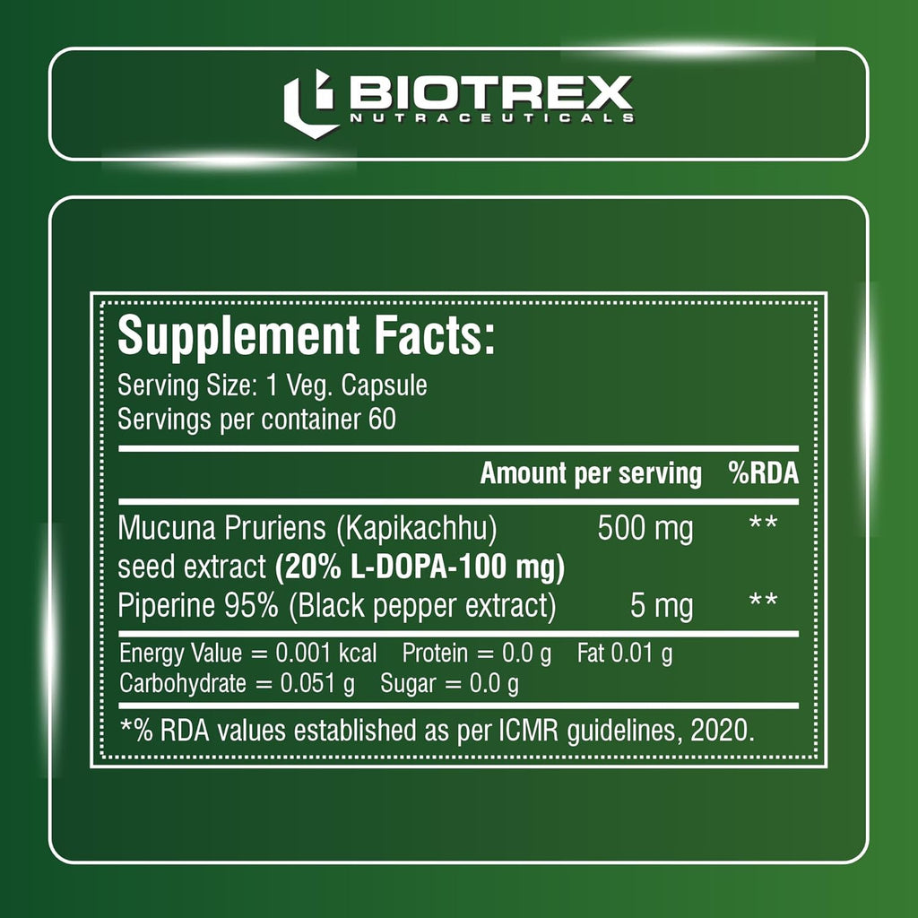Biotrex Nutraceuticals Mucuna Pruriens (Kapikachhu) (20% L-Dopa) 500mg With Piperine 5mg | Vitality Booster, Motility & Nerve Function - 60 Veg Capsules
