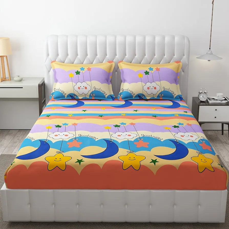 Fresh From Loom Wrinkle Free Glace Animal Print Cotton Bedsheet For Kids With Two Pillow Cover Multicolor 144 Tc Gud Night Multi Color