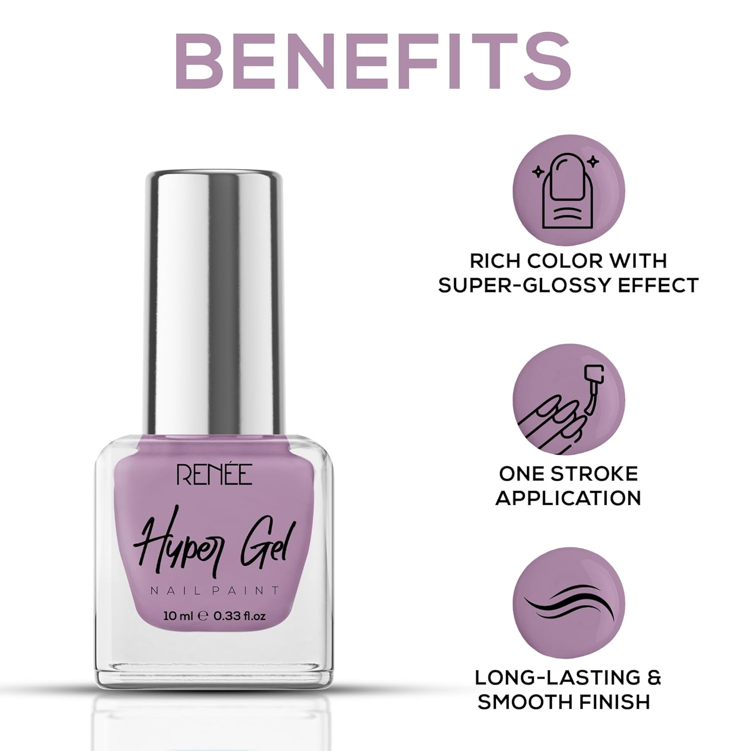 RENEE Hyper Gel Nail Paint - Lavender Mist| Quick Drying| Long Lasting| Chip resisting Formula with High Shine & Full Coverage| One Stroke Application| Acetone & Paraben Free| 10 Ml Each