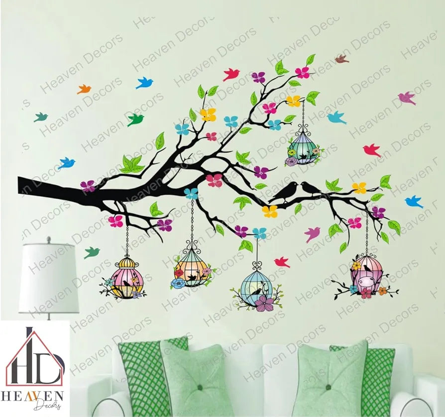 Heaven Decors Vinyl Self-Adhesive Natural Tree with Birdcage & Birds Flying Wall Sticker,Multicolour