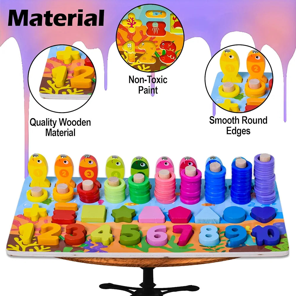 Wishkey Wooden 6 in 1 Multifunctional Learning Board Puzzle, Numbers, Shapes, Fishing Game, Stacking, Montessori Game Educational Toys