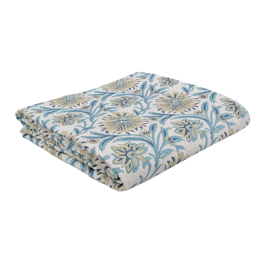 Trance Home Linen 150 GSM 100% Cotton Reversible Dohar Single Bed Size Jaipuri Printed Artisan Block Design Blanket 56"X88" Colour Flora Blue