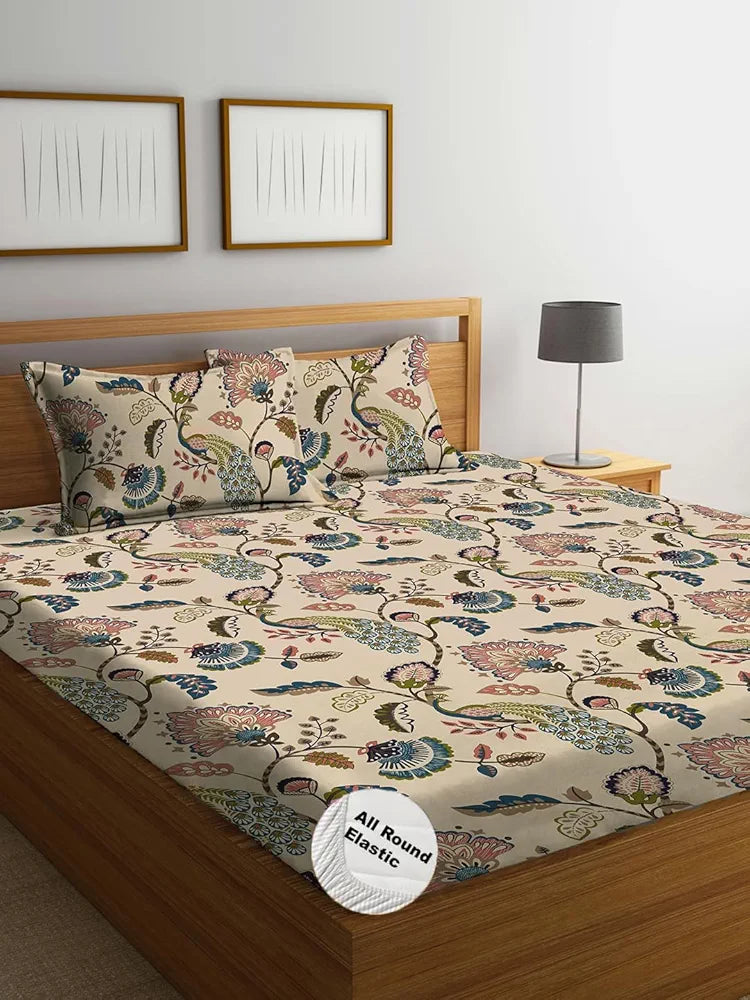 The Home Style Cotton Elastic Fitted All Around Printed Queen Size Double Bed Bedsheet wih 2 Pillow Cover  400TC Beige Flora