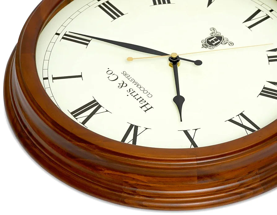 Harris & Co. Clockmasters Luxury Vintage Thick Wooden Frame Hd Clear Glass With Silent Sweep Noiseless Technology Roman Design Analog Wall Clock