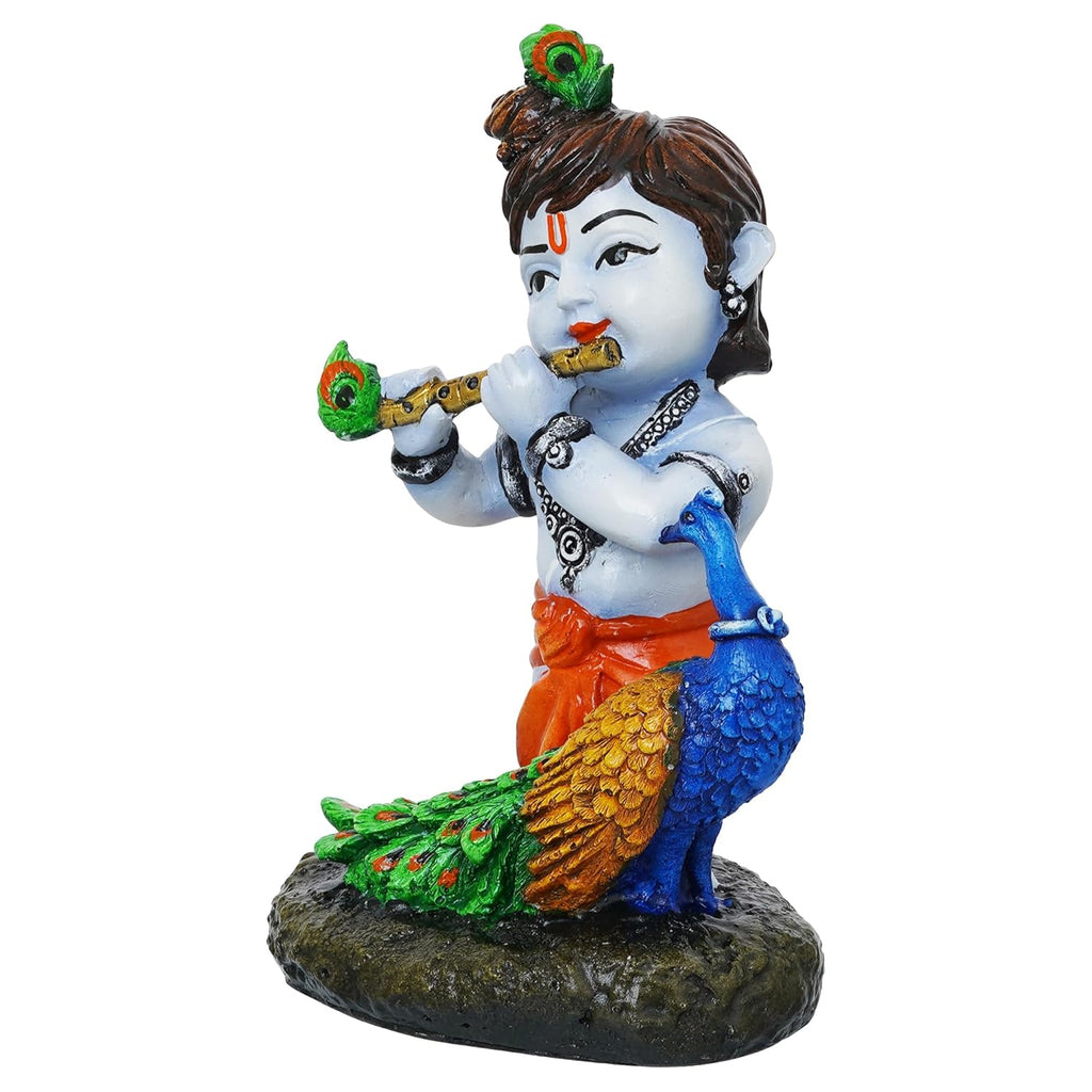 Ecraftindia Colorful Baby Krishna Idol Playing Flute With a Peacock Statue Showpiece