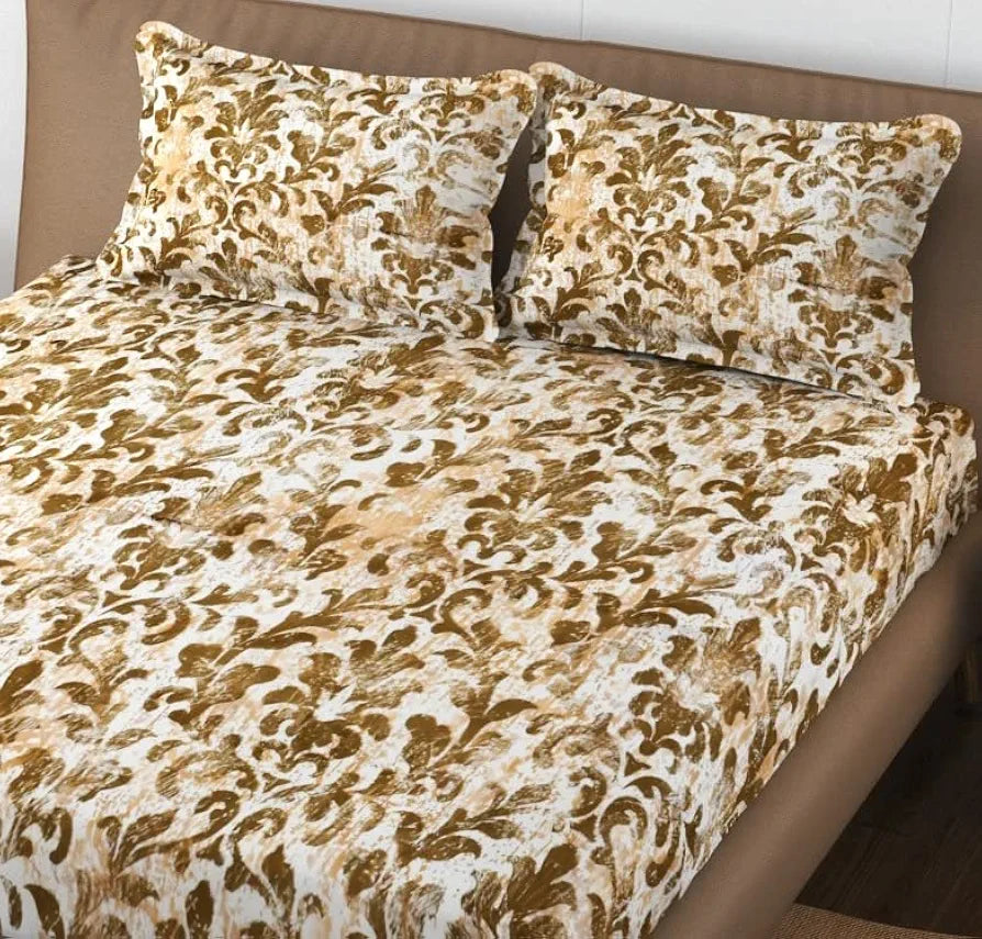 Trance Home Linen 250TC Premium 100% Cotton Printed Queen Size Fitted Bedsheet with 2 Pillow Covers Colour Royal Brown